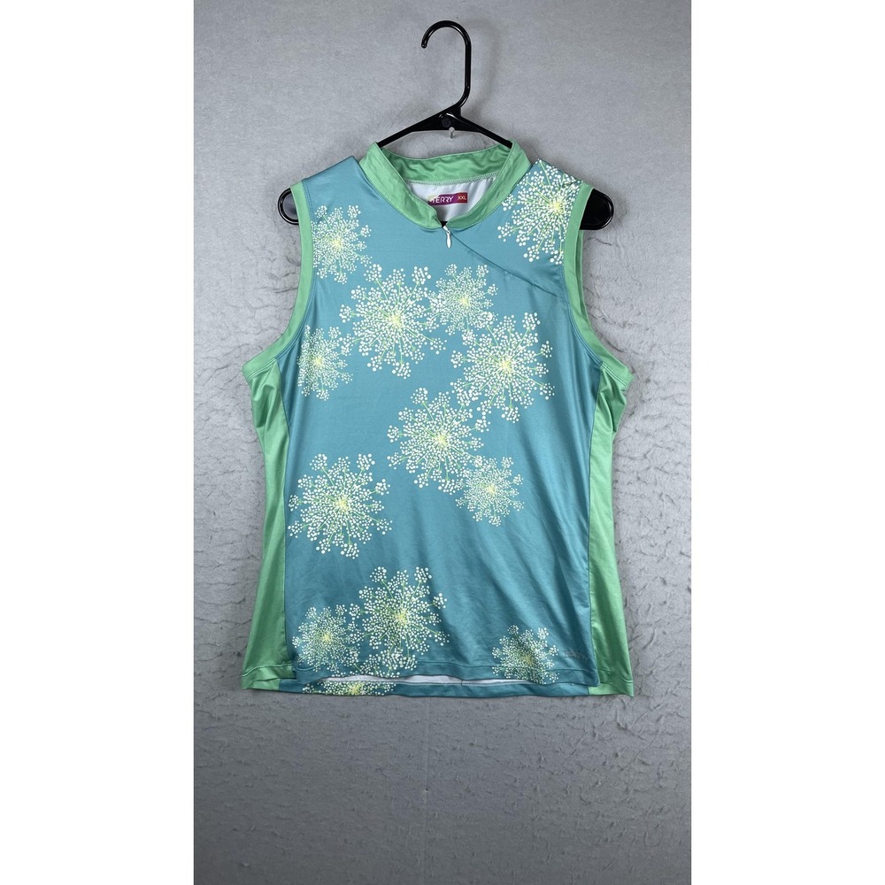 Terry Cycling Jersey Tank Womens‎ XXL Blue Floral Sleeveless Mock Neck Pockets
